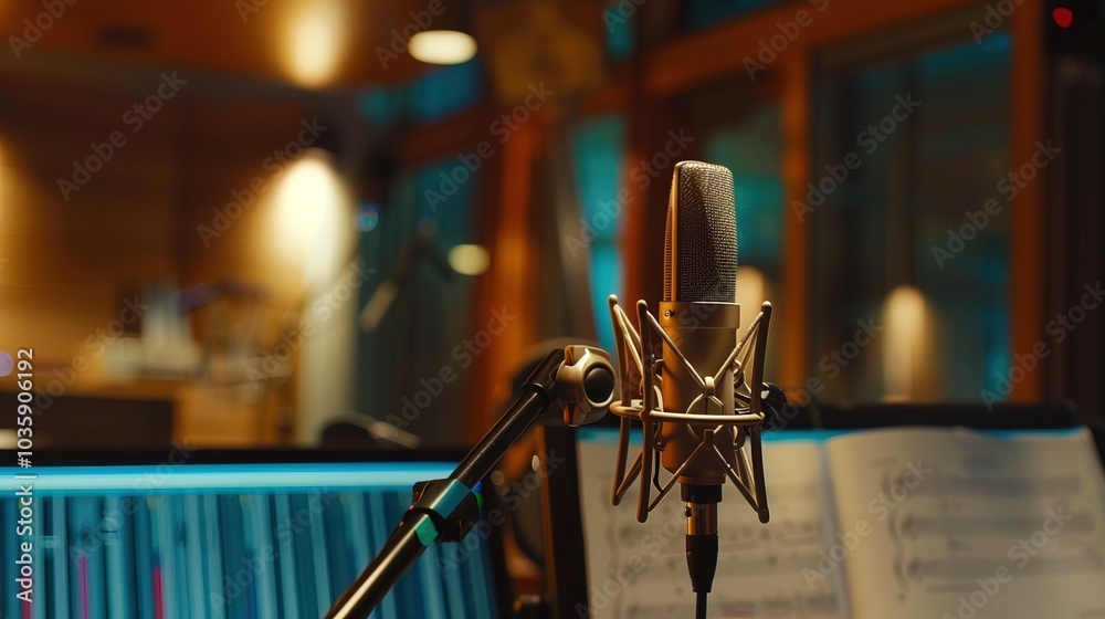 Close-up of microphone on stand in soundproof recording studio, positioned in front of script stand, symbolizing voice acting and audio production. Close-up of microphone on stand in soundproof recording studio, positioned in front of script stand, symbolizing voice acting and audio production.