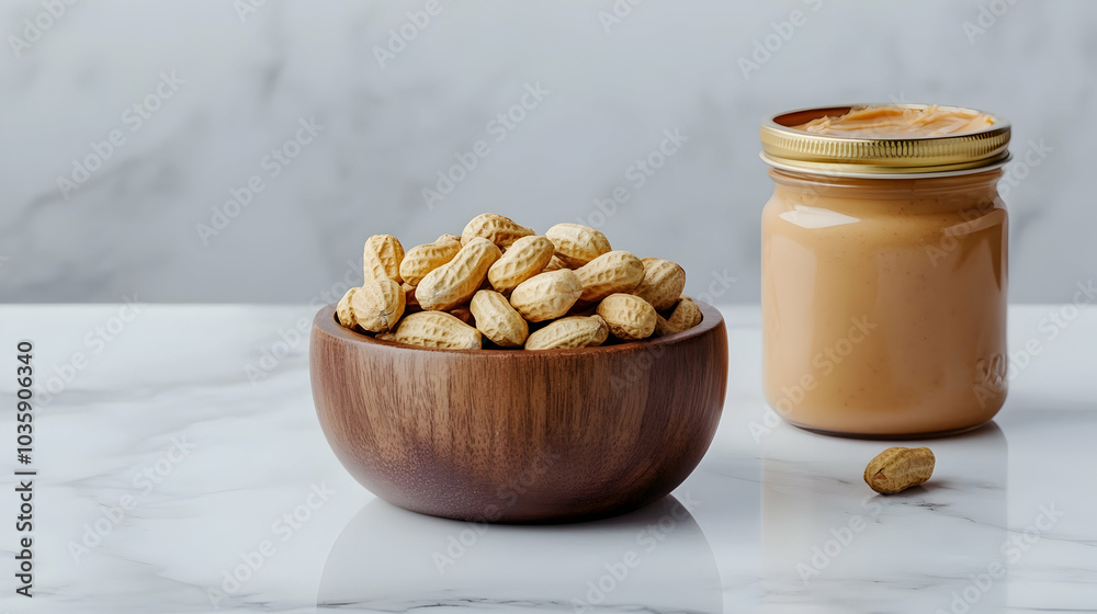 Roasted peanuts in a wooden bowl alongside a jar of peanut butter on a marble table - Roasted peanuts in a wooden bowl alongside a jar of peanut butter on a marble table -