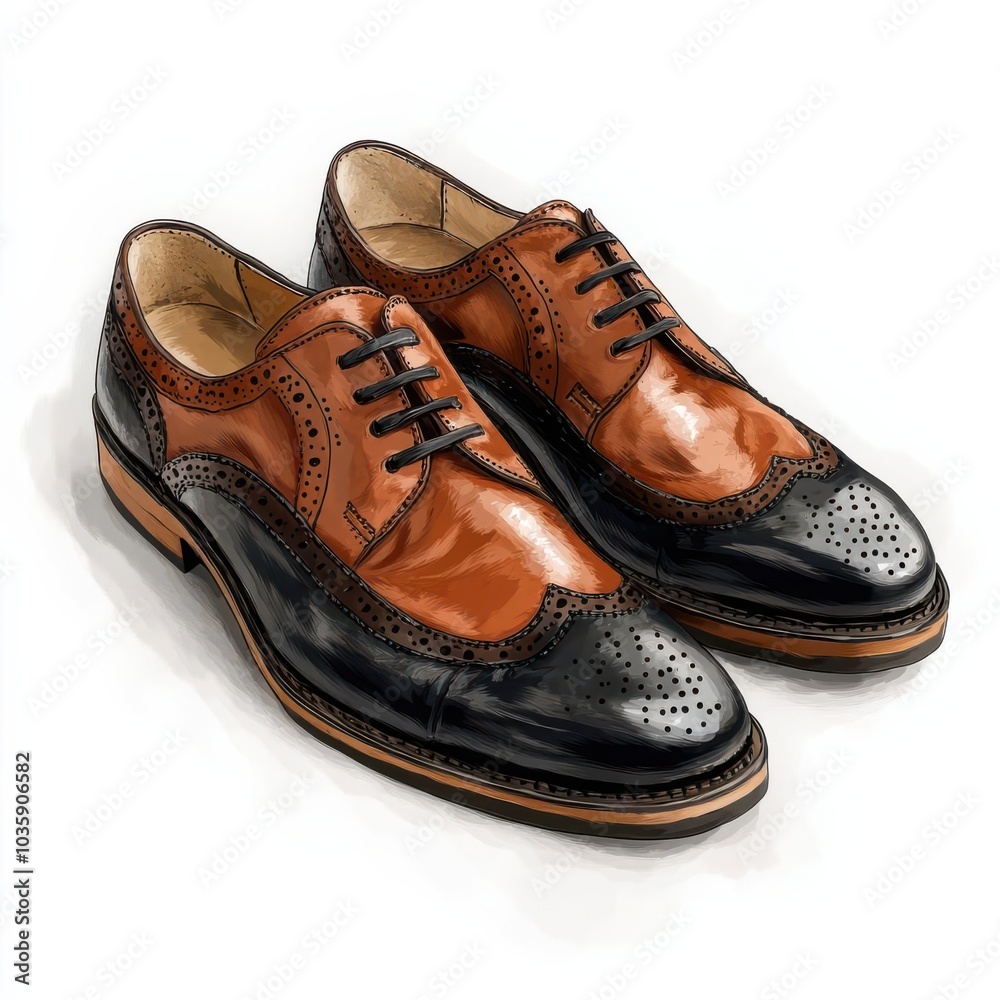 Elegant formal shoes, fashion element, realistic drawing, black and brown, isolated on white background Elegant formal shoes, fashion element, realistic drawing, black and brown, isolated on white background