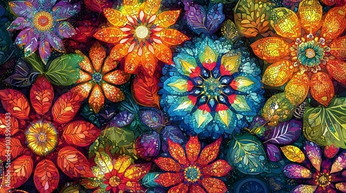 Fototapeta Naklejka Na Ścianę i Meble -  Vibrant mosaic flowers and leaves: intricate floral patterns in bold colors
