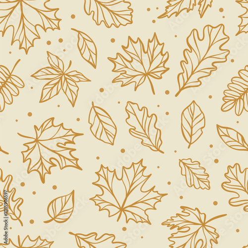 Golden brown autumn leaves line art vector pattern, hand drawn leaf outline print, seamless repeating textile or wallpaper tile, natural illustration