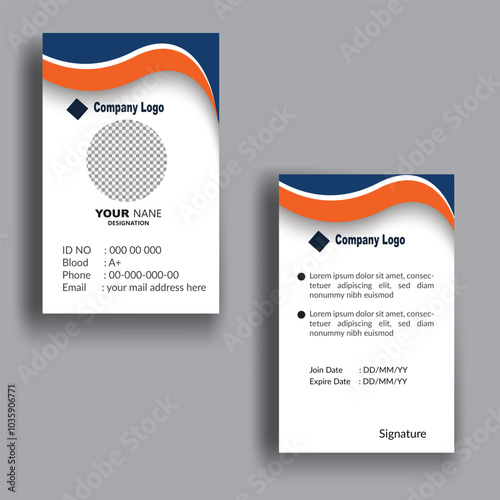 Creative employees ID card, blue and orang color template design layout 