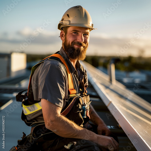 Solar Energy Technician: Smiling Worker Installing Renewable Power Solutions