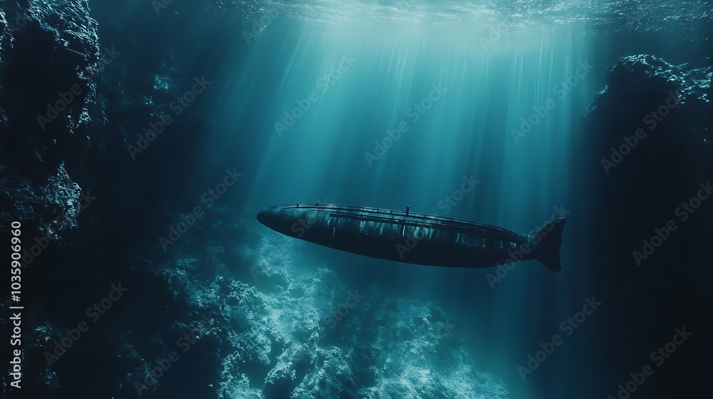 A dark silhouette of a submarine glides through the deep blue ocean waters, sunlight filtering through the surface and illuminating the vessel.