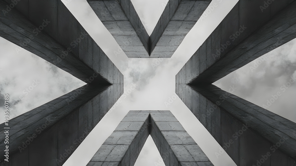 Fototapeta premium Symmetrical concrete structures forming a geometric path leading upward into the sky -