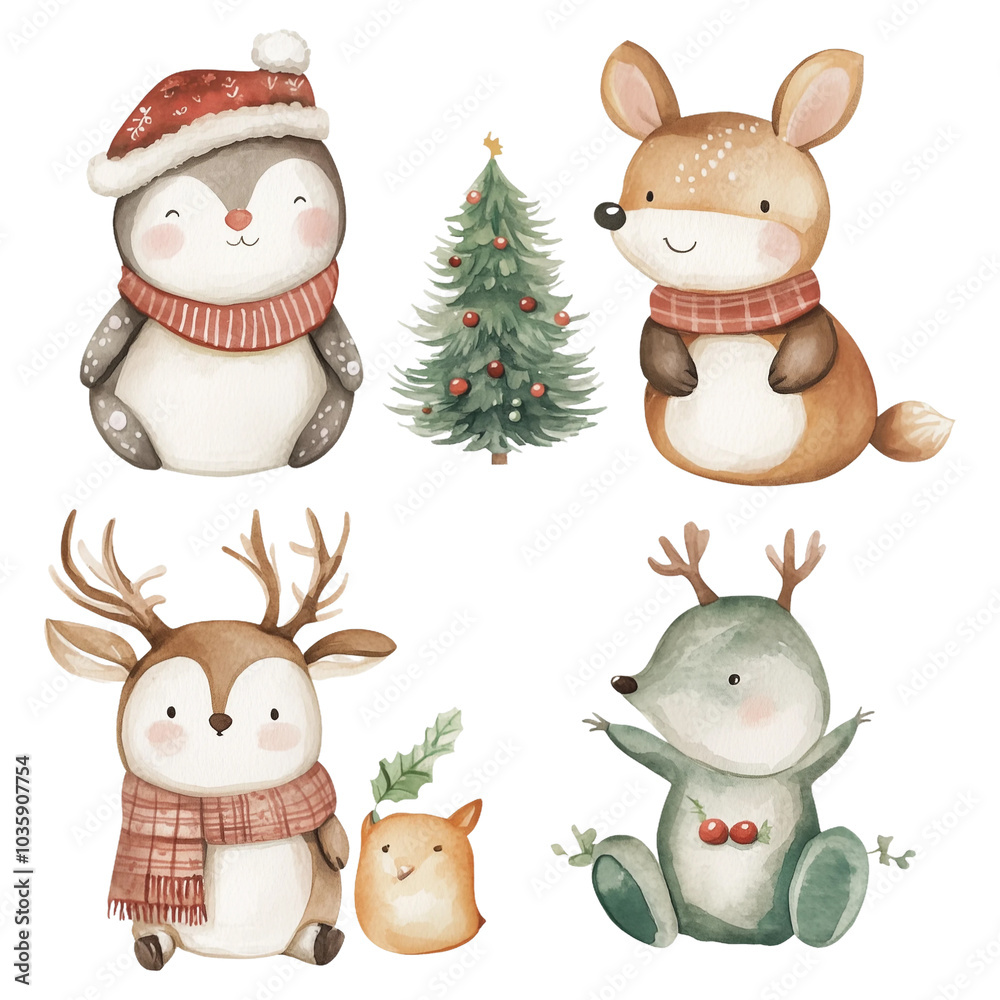 Christmas Clip art animals Santa Santa dear Santa hat and deer watercolor Illustration Background Christmas Clip art animals Santa Santa dear Santa hat and deer watercolor Illustration Background