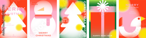 Festive Christmas and New Year cards with trees, snowman, and gifts. Perfect for holiday greetings, invitations, banners, and other Christmas projects. Bright and modern design for the holiday season.