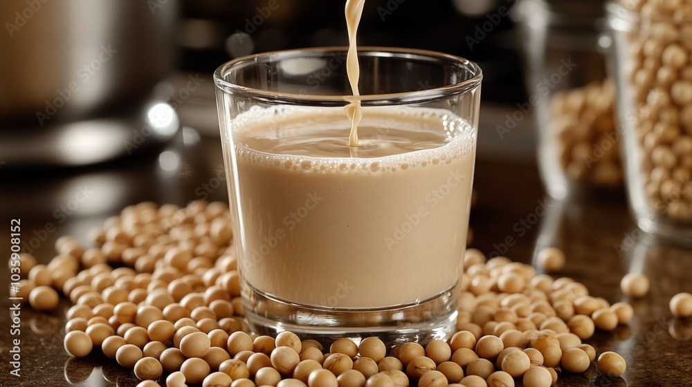 Soy Milk in Glass with Soybeans Vegan Beverage Dairy Free Healthy Diet Plant Based Soy Milk in Glass with Soybeans Vegan Beverage Dairy Free Healthy Diet Plant Based