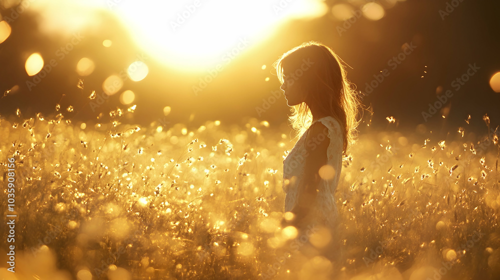 Woman standing in a sunlit field, embraced by the golden glow of sunset, symbolizing peace and hope - Woman standing in a sunlit field, embraced by the golden glow of sunset, symbolizing peace and hope -