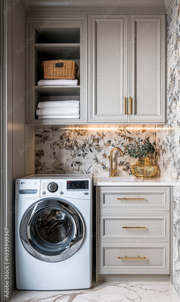 Modern laundry room with white cabinets and a washer. Modern laundry room with white cabinets and a washer.