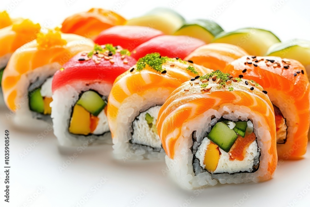 Fresh sushi rolls, food element, hyper-realistic rendering, vibrant colors, isolated on white background