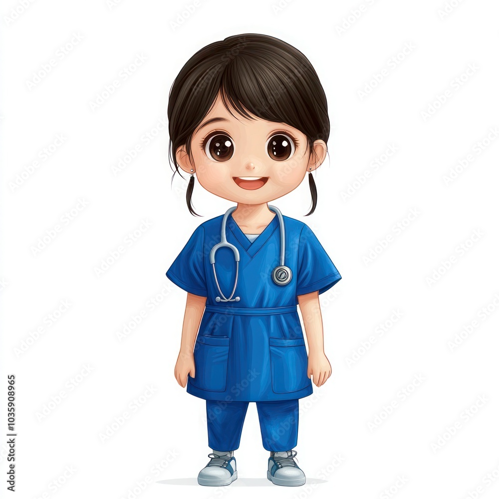 Smiling Female Nurse in Blue Uniform on White Background Smiling Female Nurse in Blue Uniform on White Background