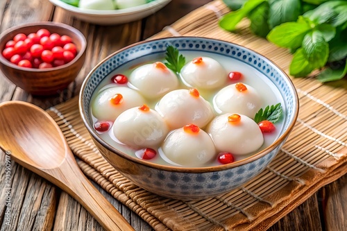 Chinese tangyuan dessert in bowl with red bean photo