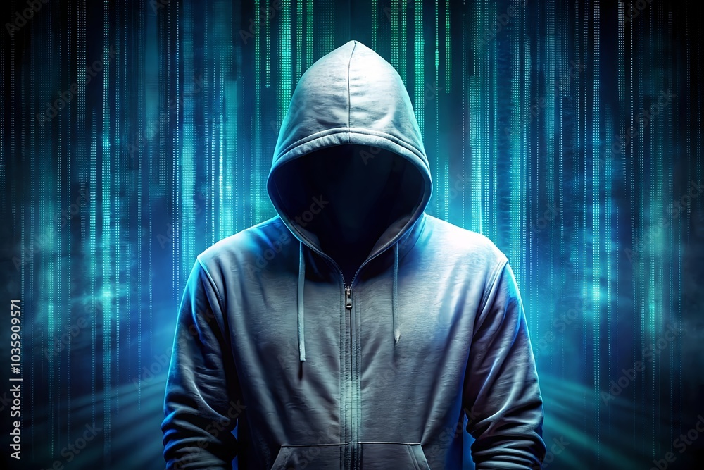 Hooded figure with dark digital background. Hacker and internet crime Hooded figure with dark digital background. Hacker and internet crime