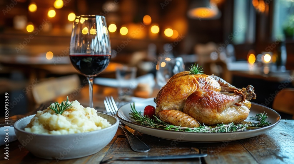 Delicious Roast Dinner with Wine in Cozy Setting Delicious Roast Dinner with Wine in Cozy Setting