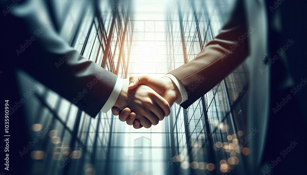 two business professionals shaking hands in front of a city skyline, with tall skyscrapers in the background and a sense of professionalism and success two business professionals shaking hands in front of a city skyline, with tall skyscrapers in the background and a sense of professionalism and success