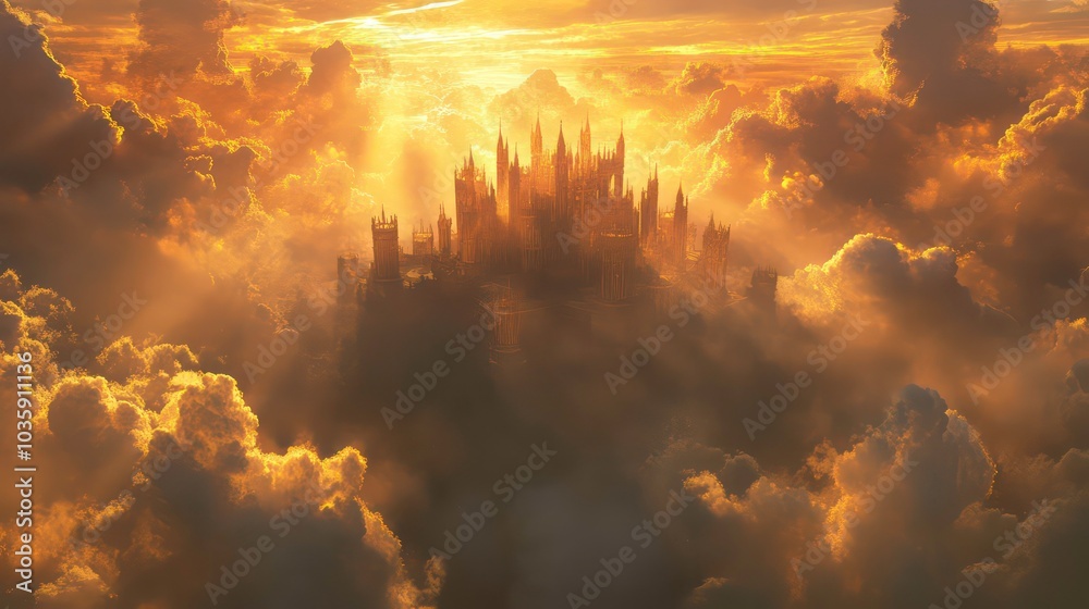 Naklejka premium A majestic castle sits atop a cloud in a breathtaking sunset. The castle is bathed in golden light, with the sky filled with fluffy clouds.