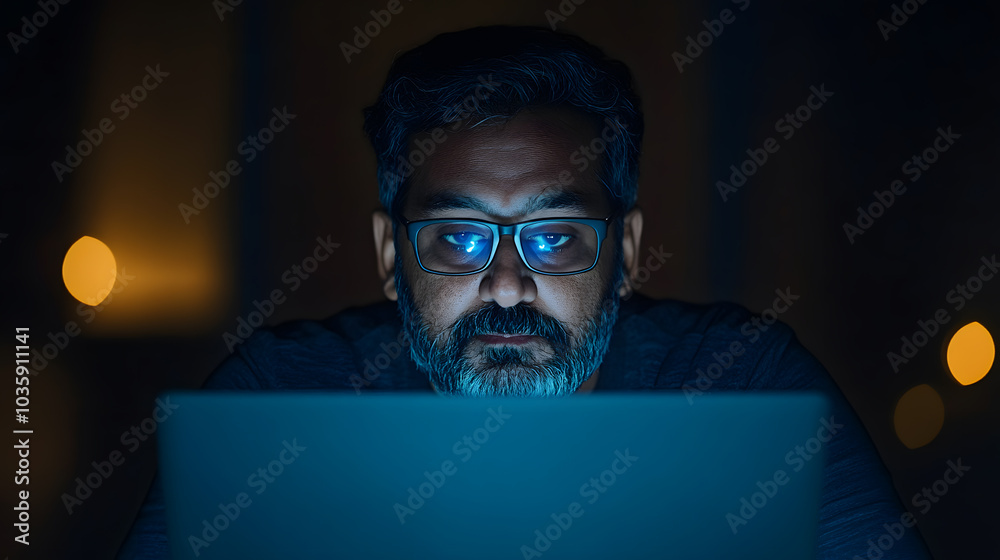 Indian Man Working Late at Night with a Fully Dark Background – Dedication and Focus