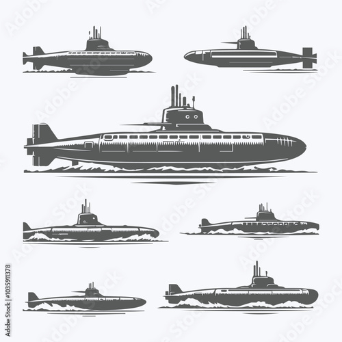 Submarine Vector Silhouette Collection Of Military Vector illustration.