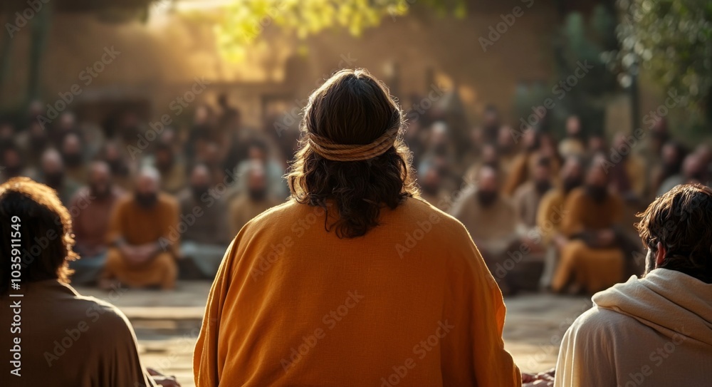Jesus is depicted teaching his disciples in a biblical context. Jesus is depicted teaching his disciples in a biblical context.