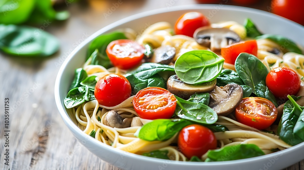3D vegetarian pasta bowl with cherry tomatoes spinach and mushrooms 3D vegetarian pasta bowl with cherry tomatoes spinach and mushrooms