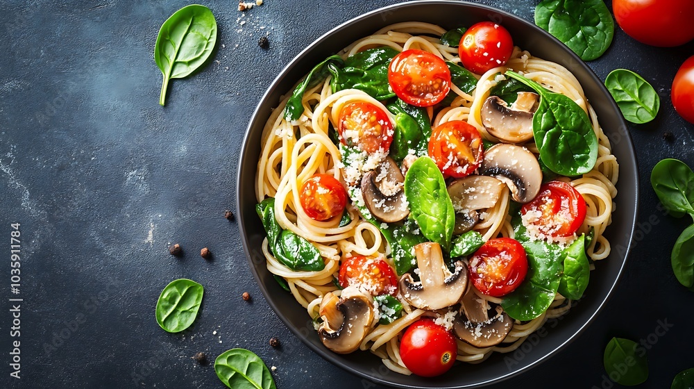 3D vegetarian pasta bowl with cherry tomatoes spinach and mushrooms 3D vegetarian pasta bowl with cherry tomatoes spinach and mushrooms