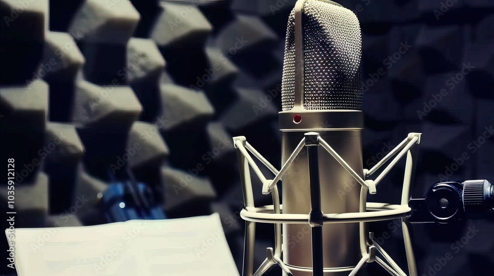 Close-up of microphone on stand in soundproof recording studio, positioned in front of script stand, symbolizing voice acting and audio production. Close-up of microphone on stand in soundproof recording studio, positioned in front of script stand, symbolizing voice acting and audio production.