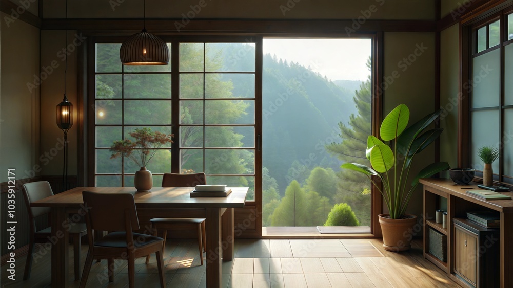Serene japanese-inspired interior with organic decor and mountain view. Serene japanese-inspired interior with organic decor and mountain view.