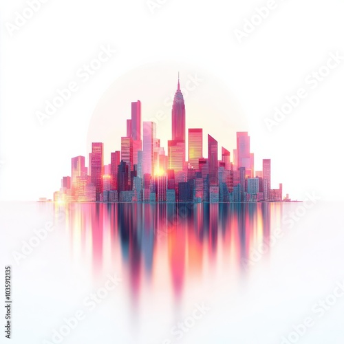 Urban skyline at sunset, cityscape element, 3D rendering, vibrant colors, isolated on white background