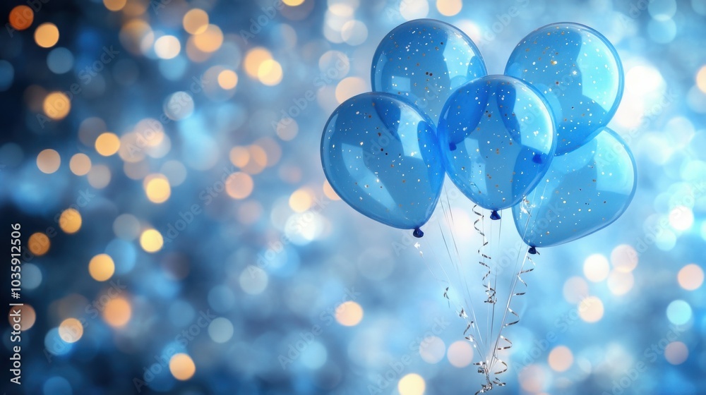 Cluster of five blue balloons with gold confetti on a sparkling bokeh background. Cluster of five blue balloons with gold confetti on a sparkling bokeh background.