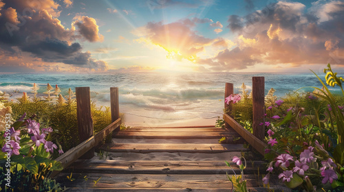 Fototapeta Naklejka Na Ścianę i Meble -  wooden bridge and flowers with the sea in sunset