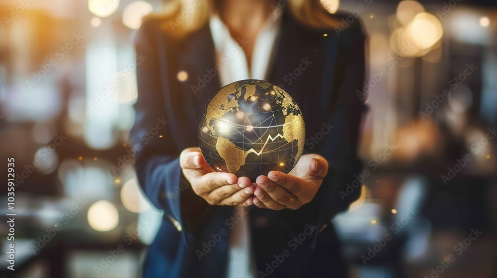 Fototapeta premium Balancing Profitability and Sustainability - Businesswoman Holding Globe and Graph