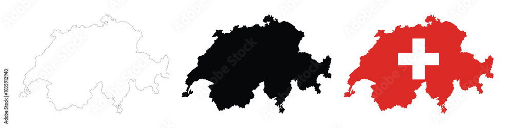 Switzerland map in various style outline, icon, black color, border, flag colors. Swiss Europe country icons collection. Vector illustration Switzerland map in various style outline, icon, black color, border, flag colors. Swiss Europe country icons collection. Vector illustration