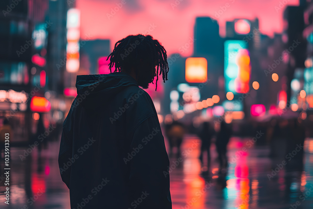Silhouette of Man with Dreadlocks in a Neon City at Night