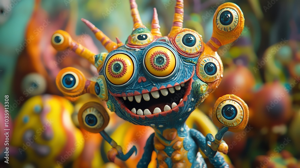 Fototapeta premium A colorful and whimsical creative character with multiple eyes and a big smile, perfect for illustrations and imaginative design projects.