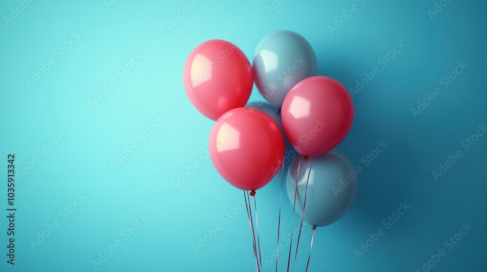 Vibrant red and blue balloons float against a solid teal background. Vibrant red and blue balloons float against a solid teal background.