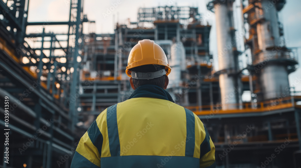 site manager in his 40s wearing yellow hard hat and high visibility jacket stands in front of industrial facility, overseeing operations with focus and determination site manager in his 40s wearing yellow hard hat and high visibility jacket stands in front of industrial facility, overseeing operations with focus and determination