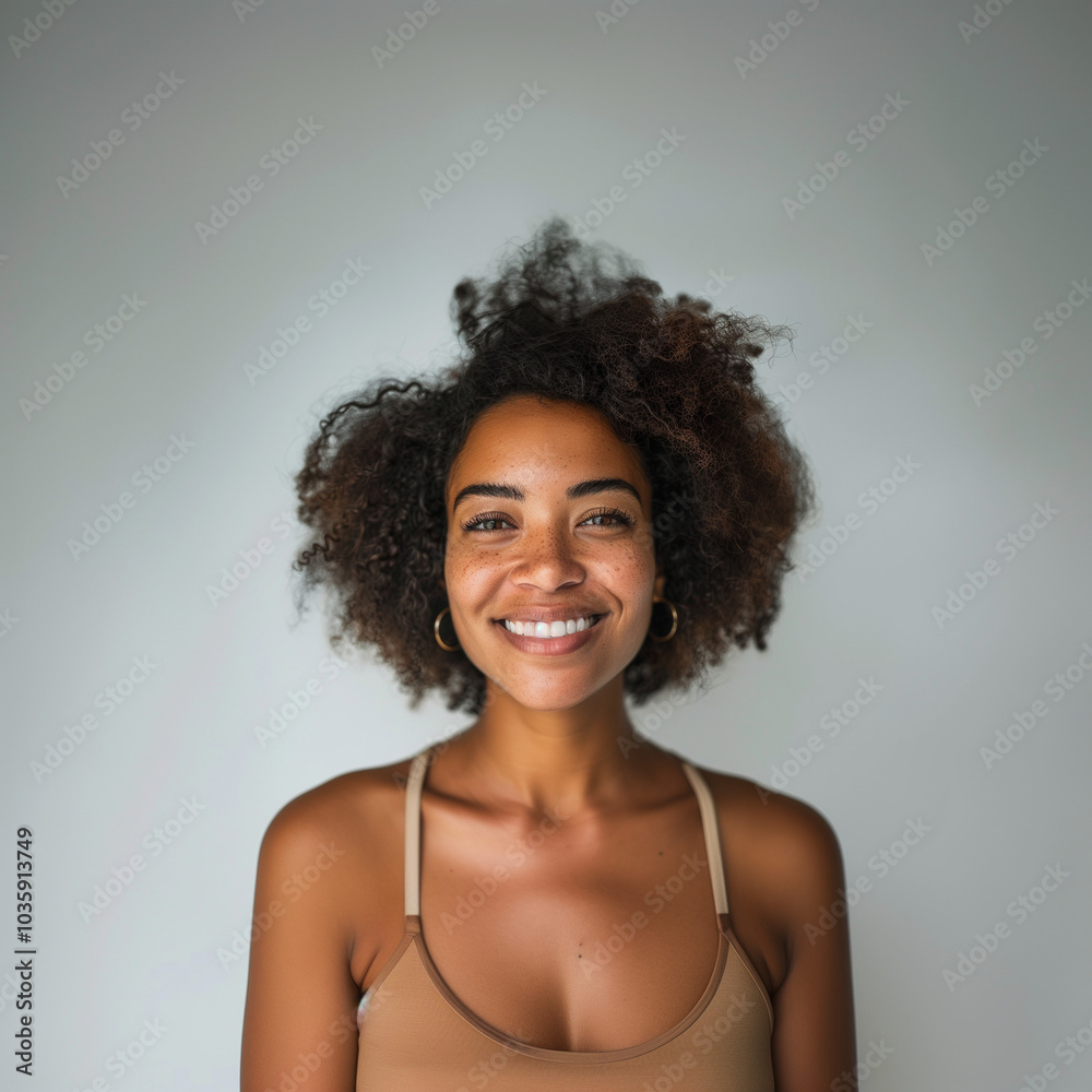 Smiling Woman with Curly Hair: A Portrait of Natural Beauty and Happiness Smiling Woman with Curly Hair: A Portrait of Natural Beauty and Happiness