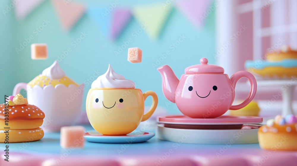 A cheerful tea party scene with a pink teapot, a yellow coffee cup, a donut, and sugar cubes. A cheerful tea party scene with a pink teapot, a yellow coffee cup, a donut, and sugar cubes.