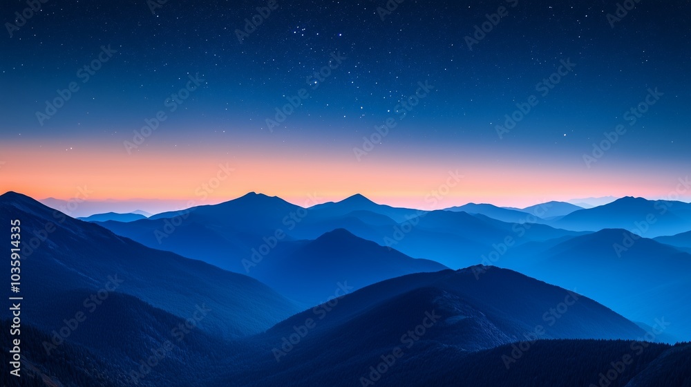 A stunning mountain landscape at dusk, with the last light of day highlighting peaks, and a blanket of stars emerging in the deepening blue sky. A stunning mountain landscape at dusk, with the last light of day highlighting peaks, and a blanket of stars emerging in the deepening blue sky.