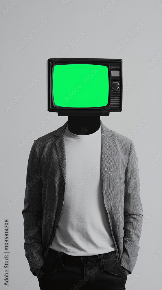 a man in center of vertical composition with green screen television tv instead of his head, directed media concept followers of ideology on white background indoor room a man in center of vertical composition with green screen television tv instead of his head, directed media concept followers of ideology on white background indoor room