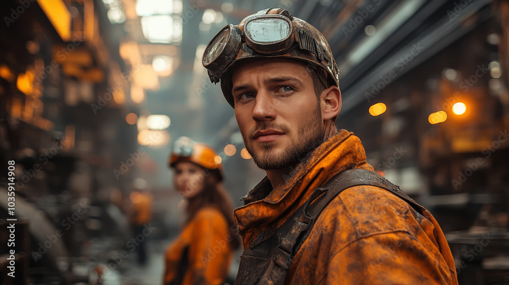 man in protective gear stands in industrial setting, with woman in background. scene is filled with warm lighting and machinery, evoking sense of determination and focus man in protective gear stands in industrial setting, with woman in background. scene is filled with warm lighting and machinery, evoking sense of determination and focus