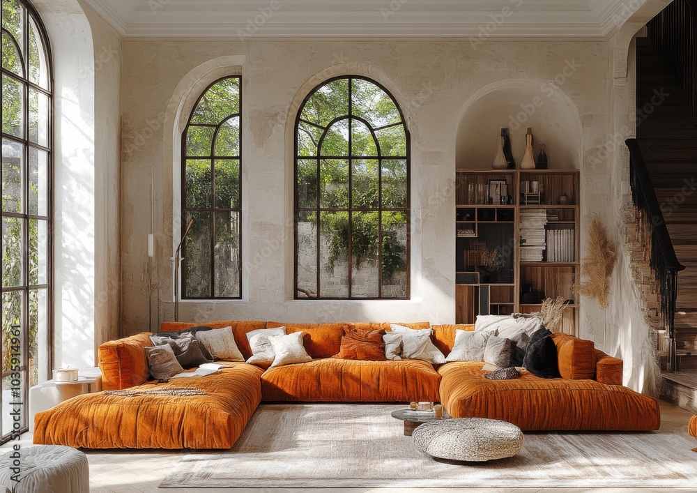 Warm, inviting living room with vibrant orange sectional and large arched windows. Warm, inviting living room with vibrant orange sectional and large arched windows.