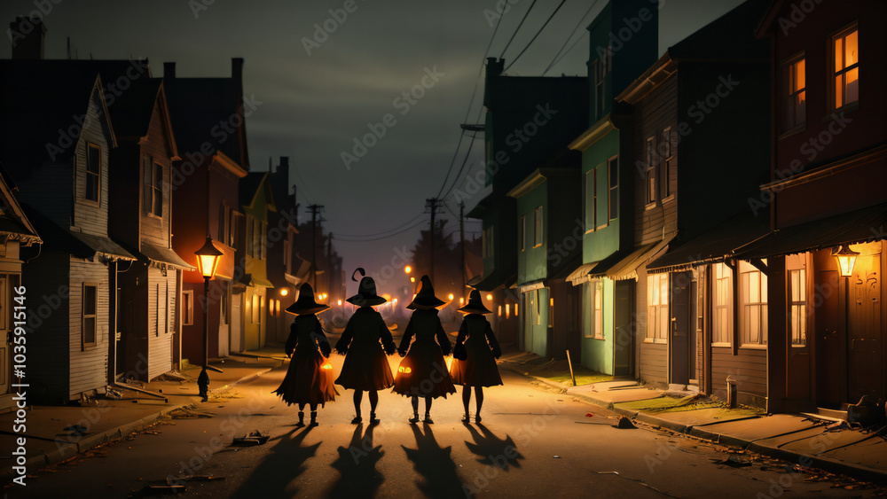 Fototapeta premium Halloween , Kinder wandern Nachts verkleidet durch die gruseligen Straßen einer Stadt . KI Generated 