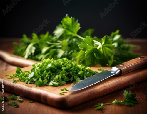 Perejil fresco picado con un cuchillo sobre una tabla de madera