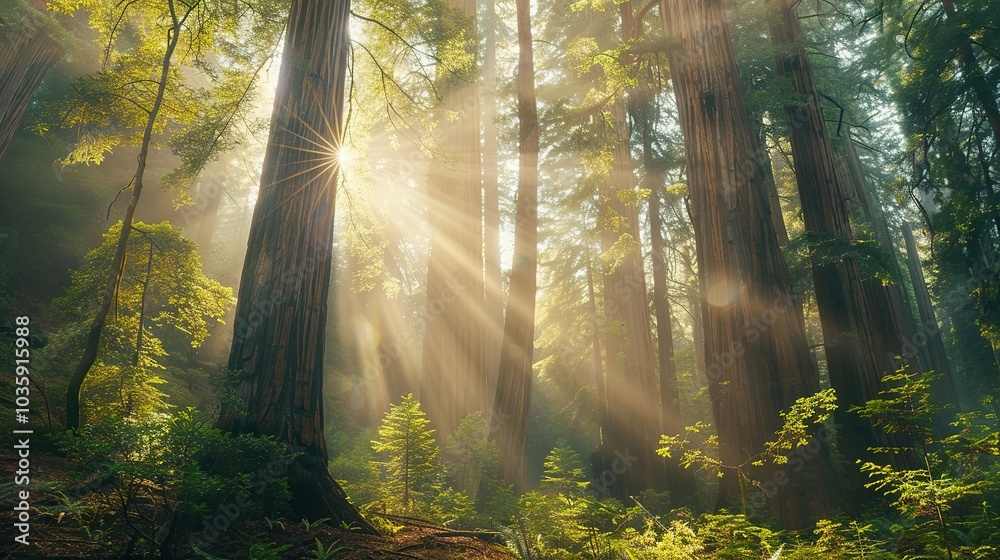 Obraz premium A dense forest with towering redwood trees and sunlight streaming through the canopy