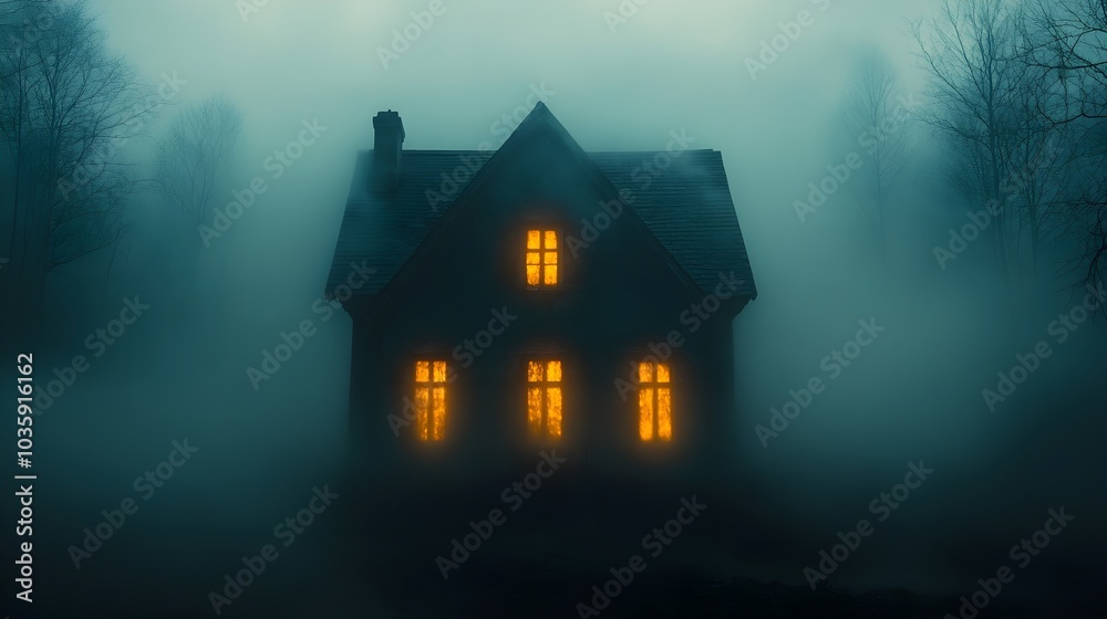 a shadowy silhouette of a haunted house with glowing windows. haunted house shadow poster