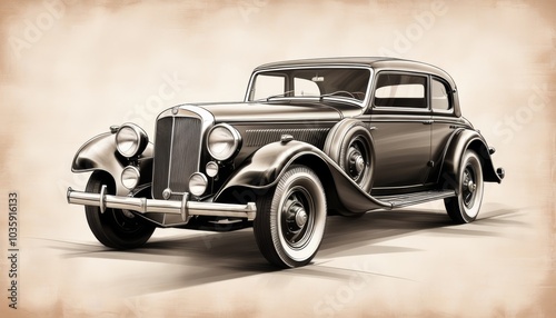 A vintage black and white sketch of a classic luxury car with large round headlights and elegant curves. The car features sophisticated 1930s design. Illustration by Generative AI.