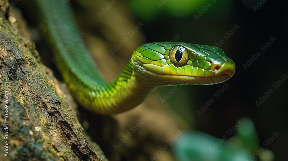 Close-up of a green wood snake slithering along the bark of a tree. Its bright scales and expressive eyes attract attention, creating a feeling of wild nature. Close-up of a green wood snake slithering along the bark of a tree. Its bright scales and expressive eyes attract attention, creating a feeling of wild nature.