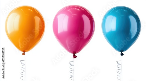 Three vibrant balloons—orange, pink, and blue—float with shiny surfaces against a white background.